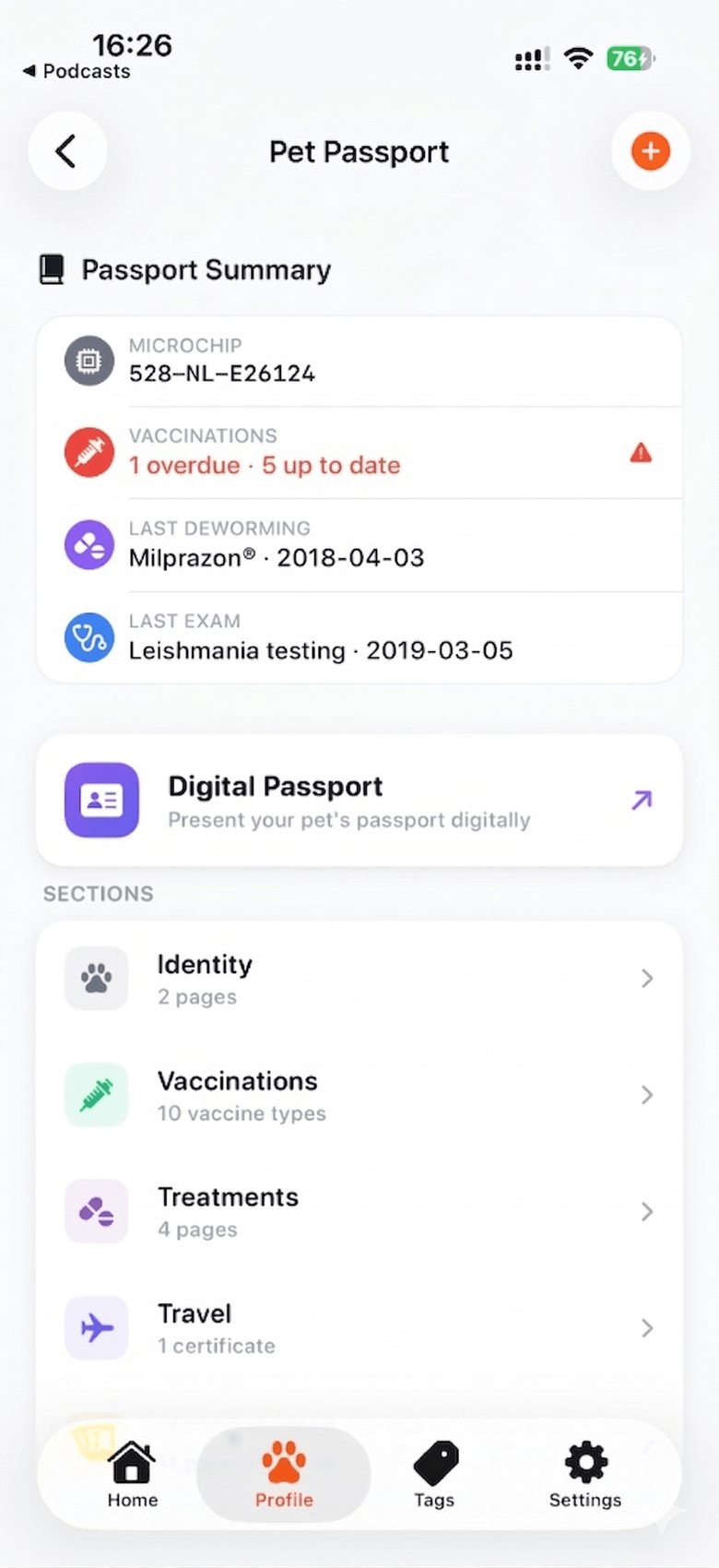 Echo Pet Passport showing microchip, vaccinations, treatments and travel records