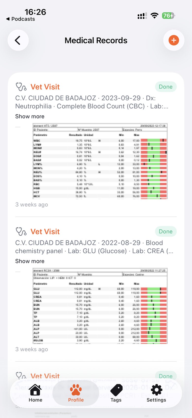 Echo medical records showing vet visit lab results and blood work