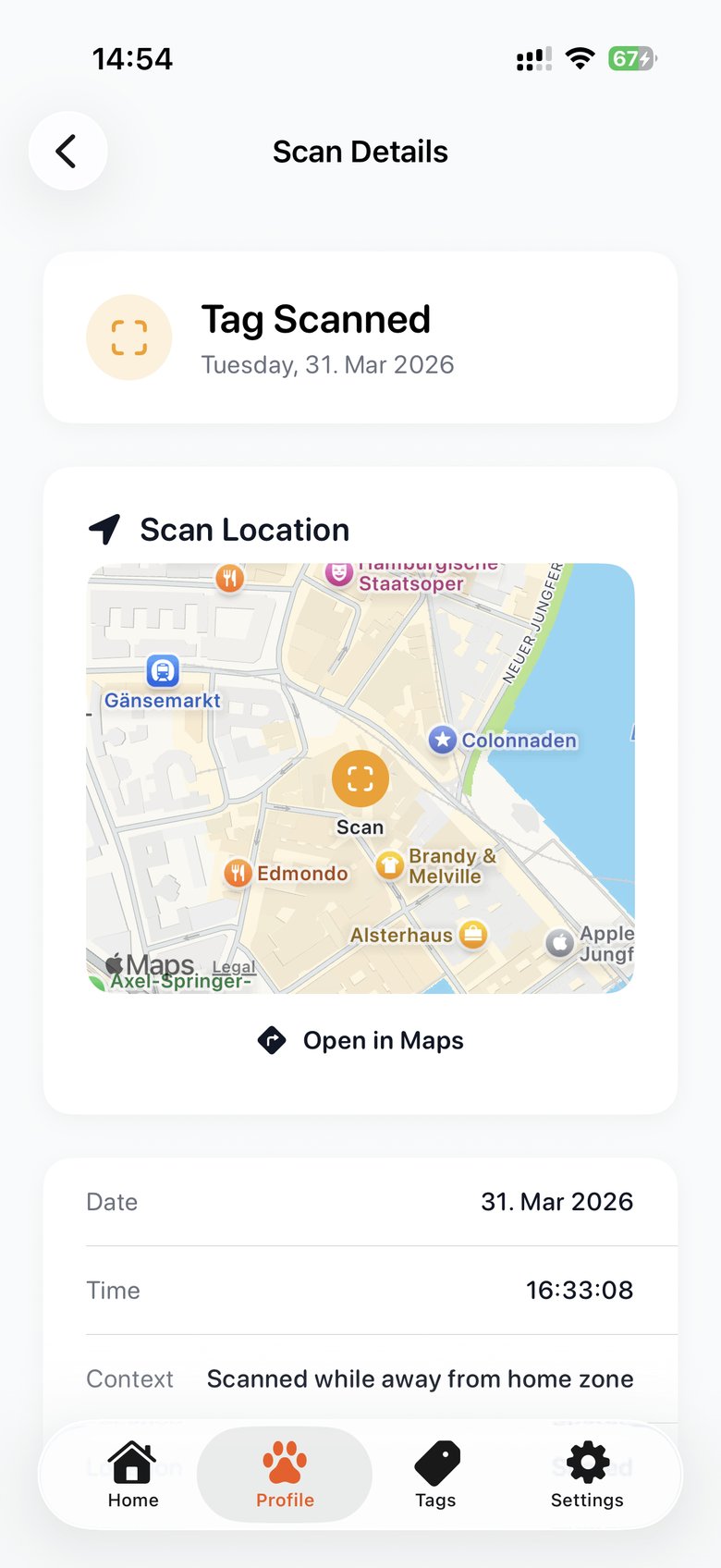 Echo scan details showing Hamburg map location where Waffles was found