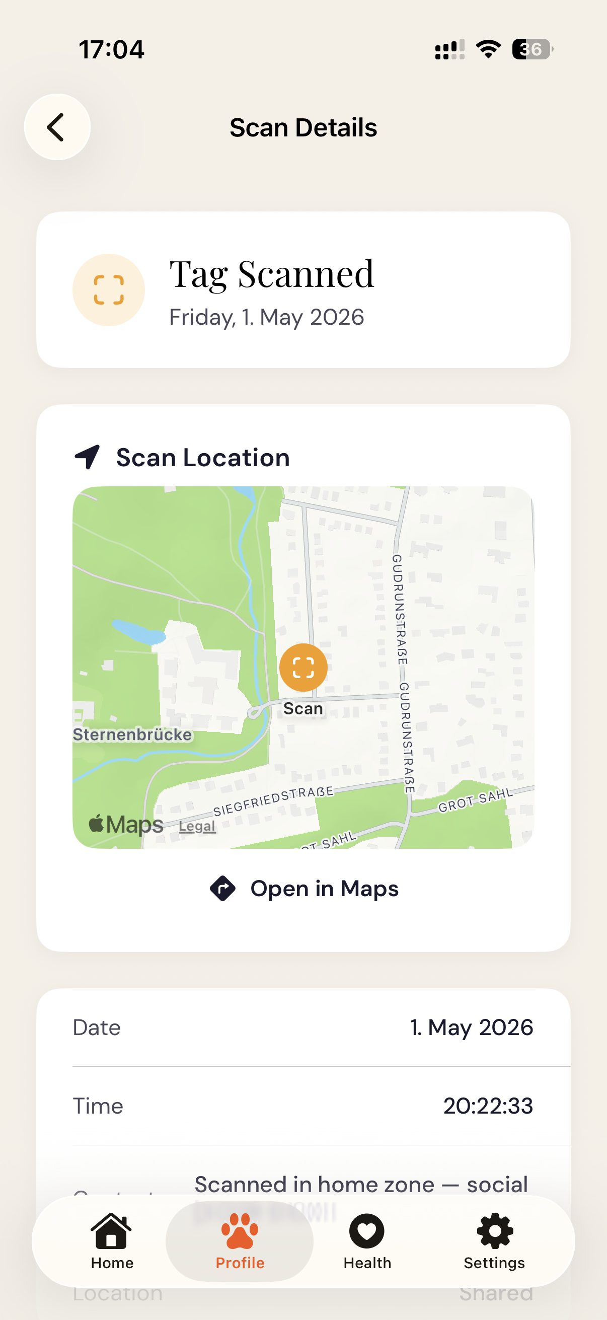 Echo scan details showing Hamburg map location where Waffles was found