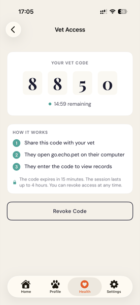 Echo vet access screen showing 4-digit code for secure vet record sharing
